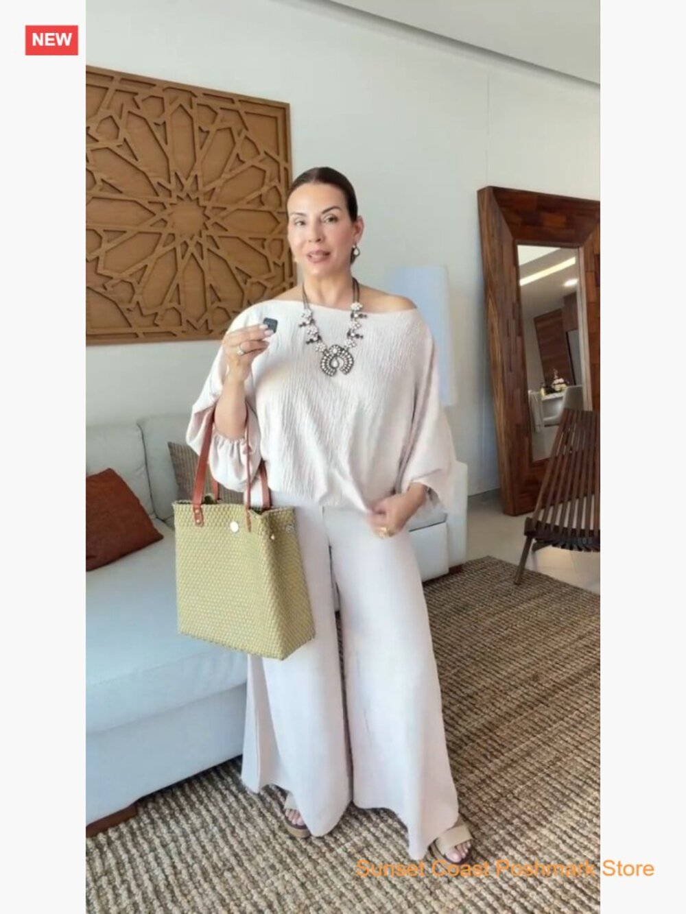 Off Shoulder Top Flowy Wide Leg Pants Set Vacation Travel Airport Outfits - Picture 6 of 7